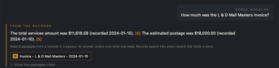 A question about an invoice amount answered in two sentences, each citing the invoice record, with the scope of what was read