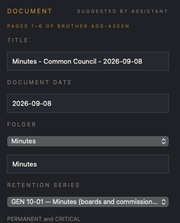 The filing panel for a scanned document: title, document date, folder, and retention series, each proposed by the unit