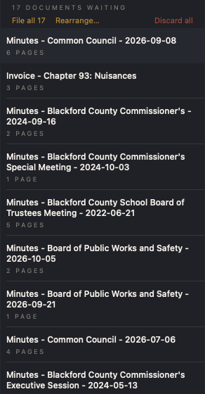The intake list after one scan: separate documents, each named and showing its page count